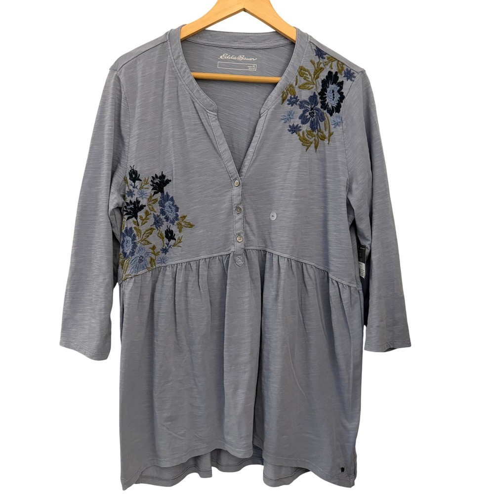 Eddie Bauer Savannah Peplum Top Womens XL Blue NWT Floral Embroidered Henley 3/4